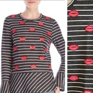 Nanette Lepore Black/White Striped Peplum Top w/Red Beaded Lips Sz M. EUC Art